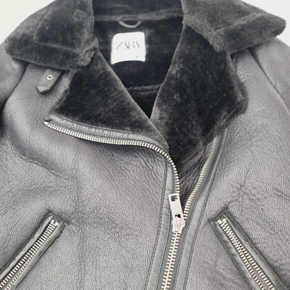 Zara Women's Black Aviator Faux Leather Shearling Double-Faced Biker Jacket XS - Picture 4 of 11
